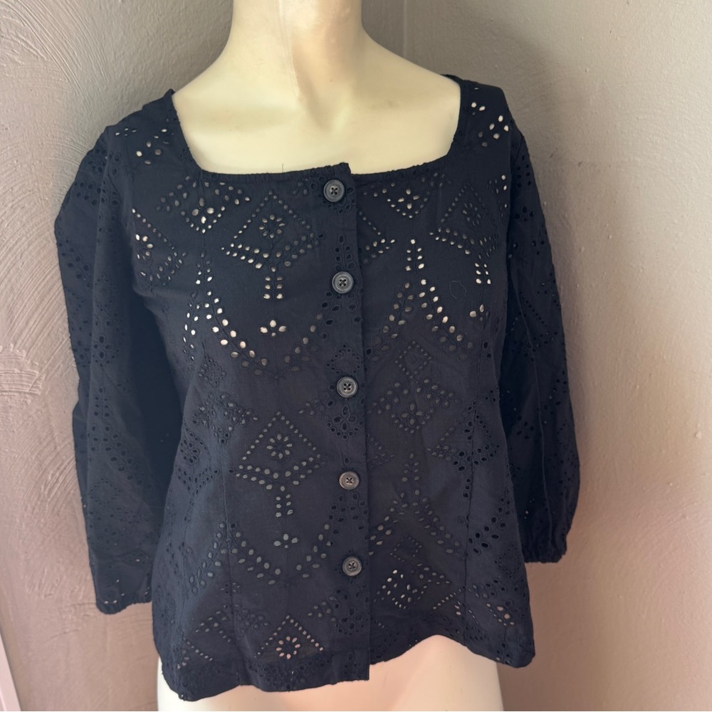 Sanctuary black embroidered cotton blouse size XS NWT 3/4 sleeves